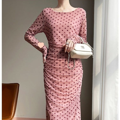 Pink Printed Long Sleeve Dress for Women in Sizes S-3XL