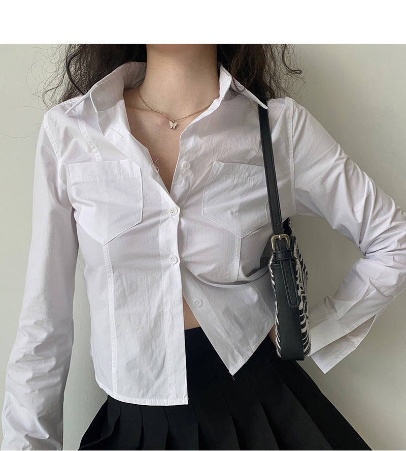 Women's Spring-Summer Top Lapel Long Sleeve White Shirt