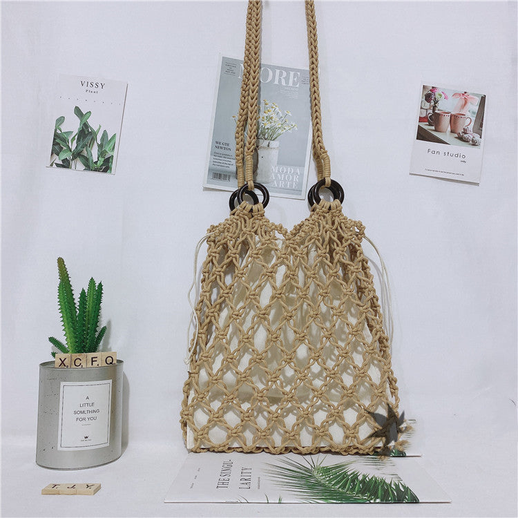 Women’s One Shoulder Straw Beach Bag with Drawstring Closure