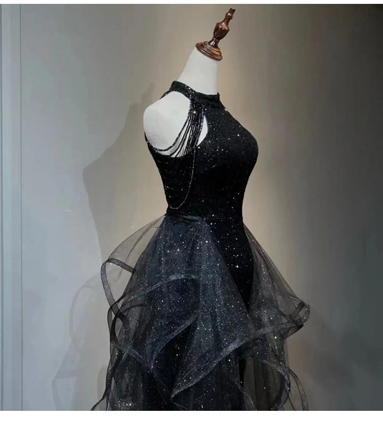 Black Sleeveless High Waist Evening Dress for Women, XS-XXL