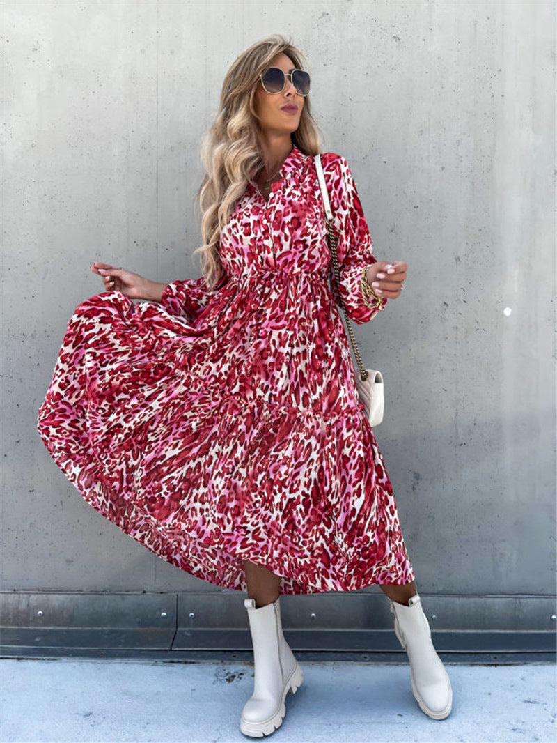 Robe mi-longue slim à col montant imprimée pour femme