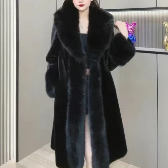 Women’s Mink Fur Collar Leather Overcoat Medium Length