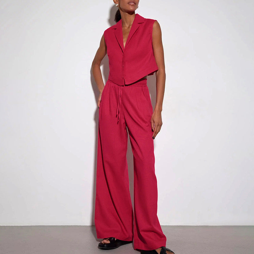 Gilet de costume pantalon large taille haute couleur unie