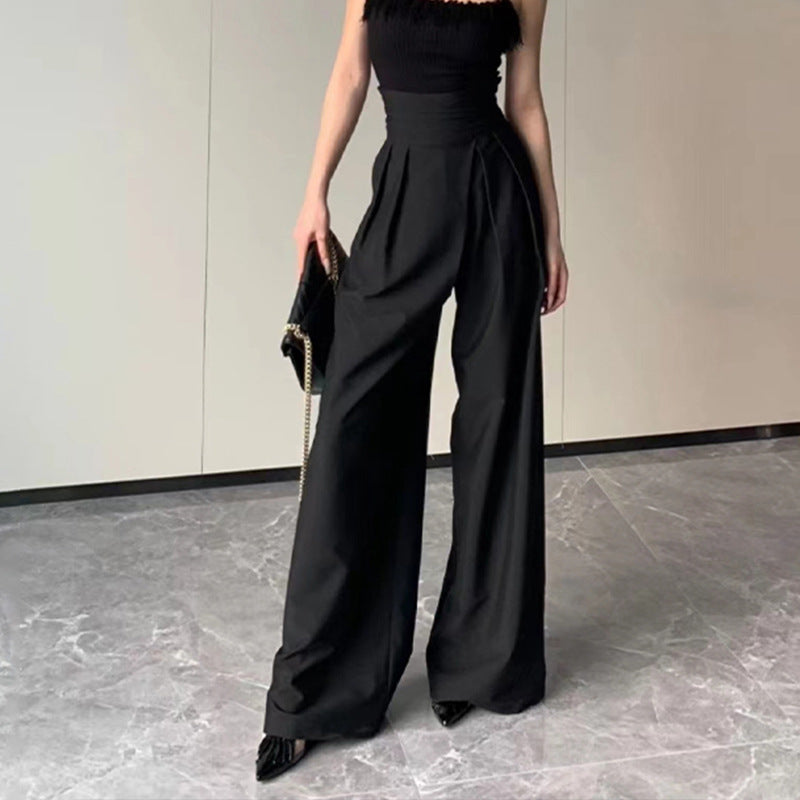 Pantalon ample noir taille haute à drapé pour femme