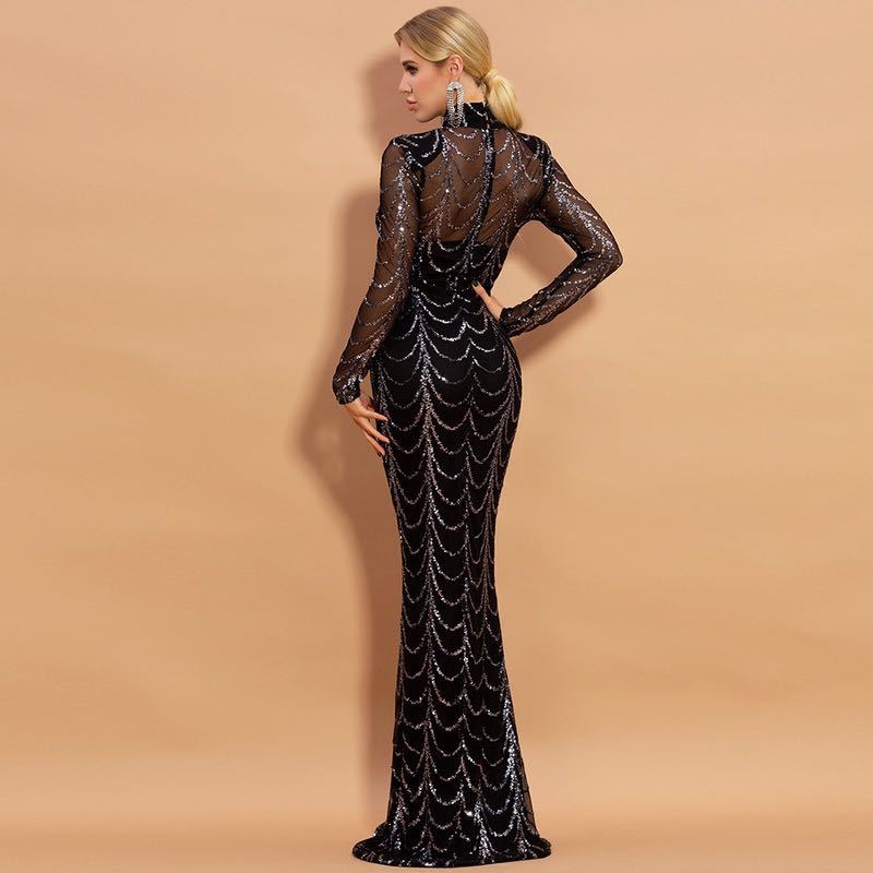 Sequins Maxi Dress Women Long Sleeve Party Dress