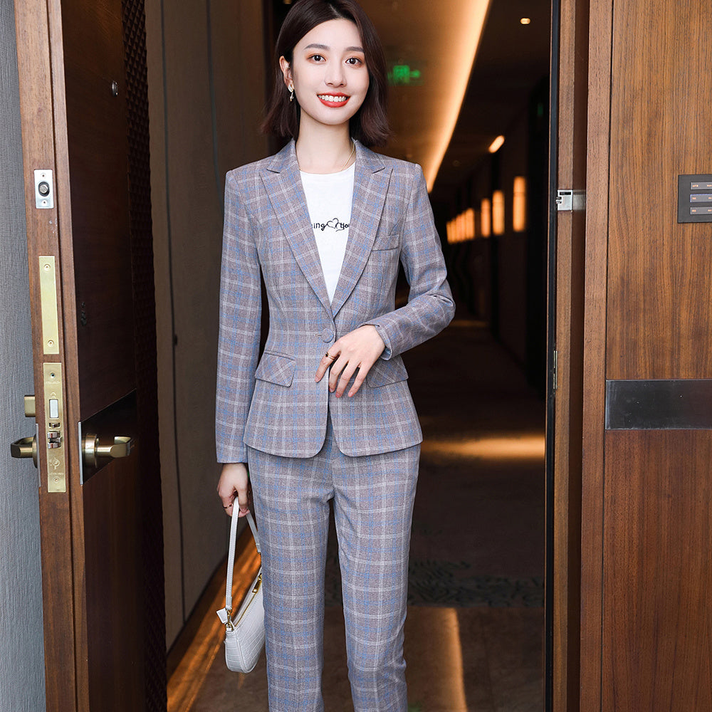Professional Women's Long-Sleeve Plaid Business Pants Suit