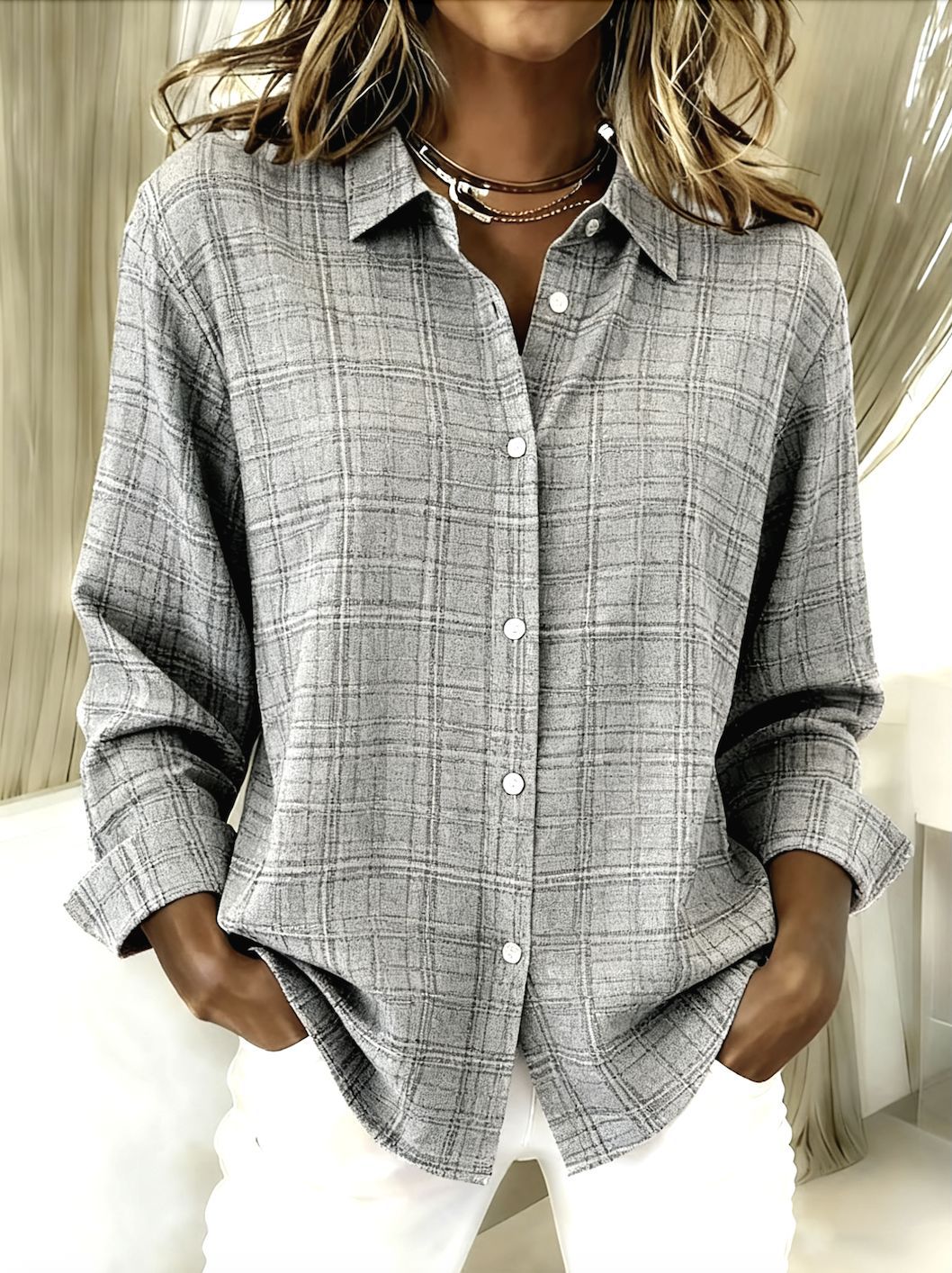 Women’s Plaid Lapel Button-Up Blouse Polyester Cardigan