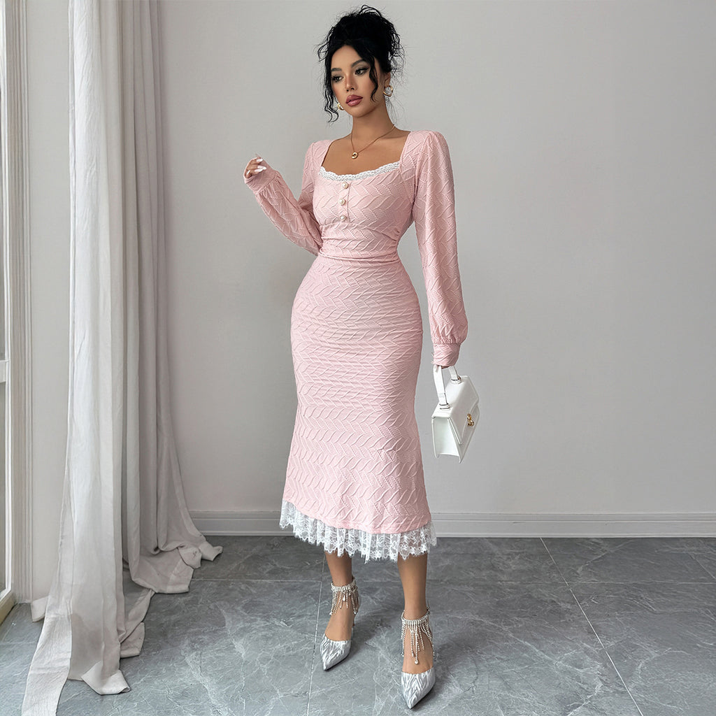 Elegant Pink Long-Sleeve Button-Down Bodycon Dress for Women