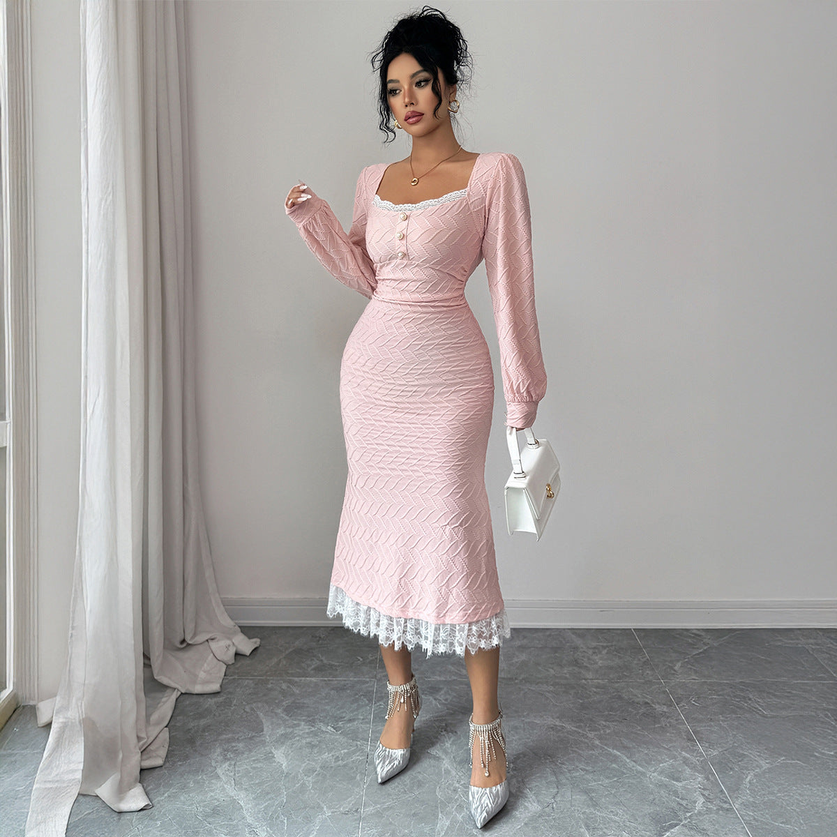 Elegant Pink Long-Sleeve Button-Down Bodycon Dress for Women