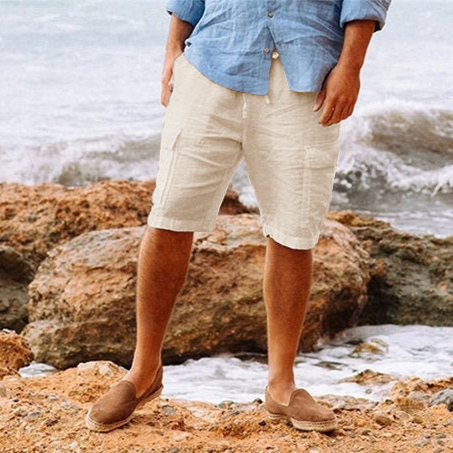 Men's Casual Cotton Linen Multi-pocket Workwear Shorts