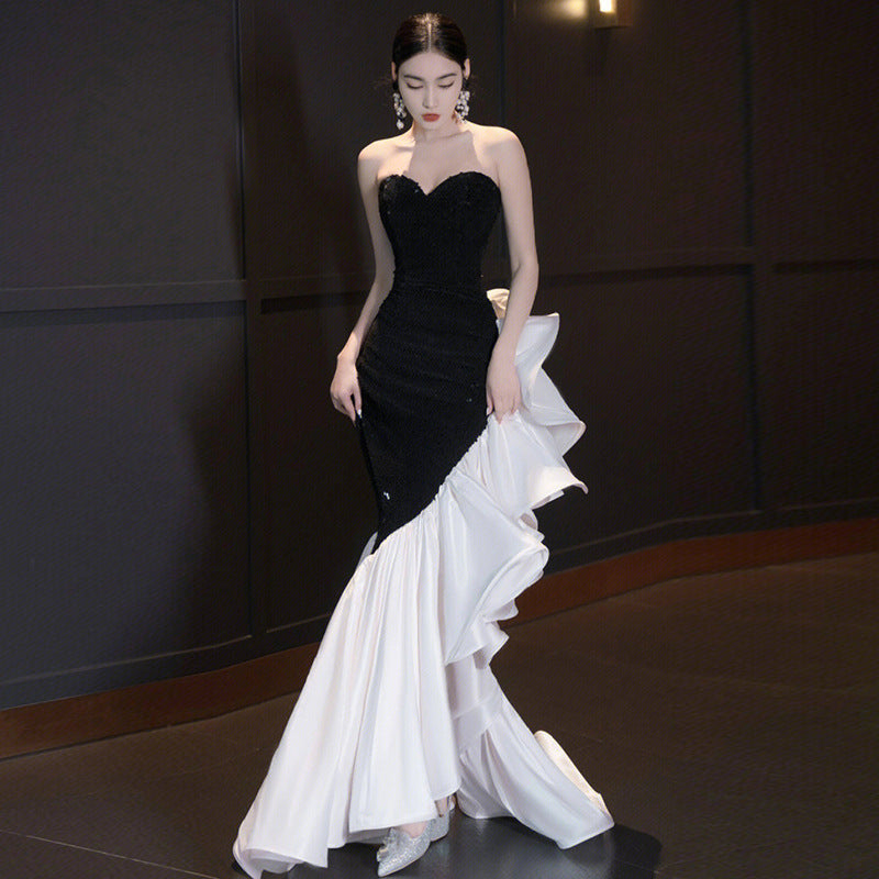 Tube Top Evening Gown with Embroidery in Black & Wine Red