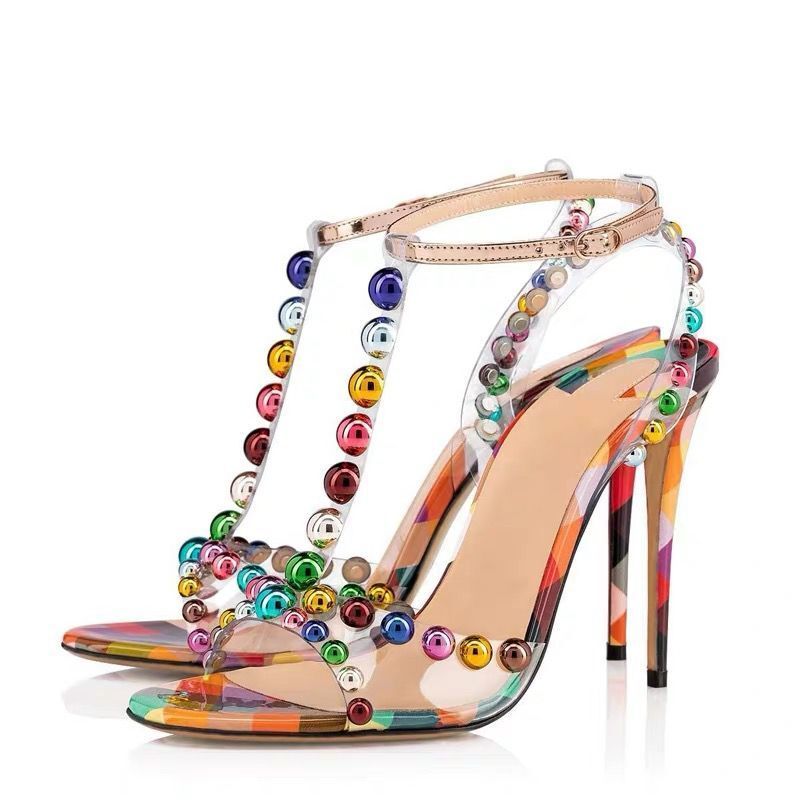 Transparent PVC Colorful Round Bead T-Strap High-Heeled Sandals