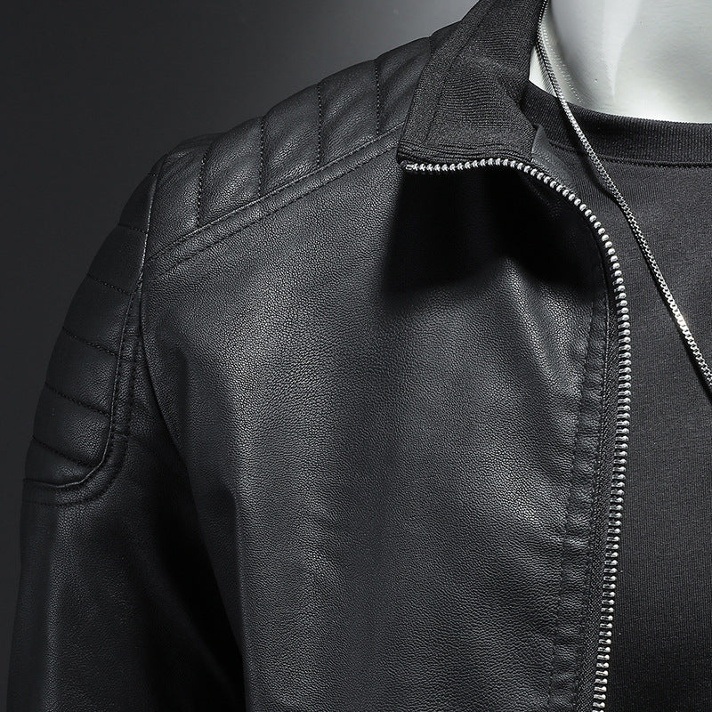 Men's Thin Leather Motorcycle Jacket with Stand Collar and Zipper Front