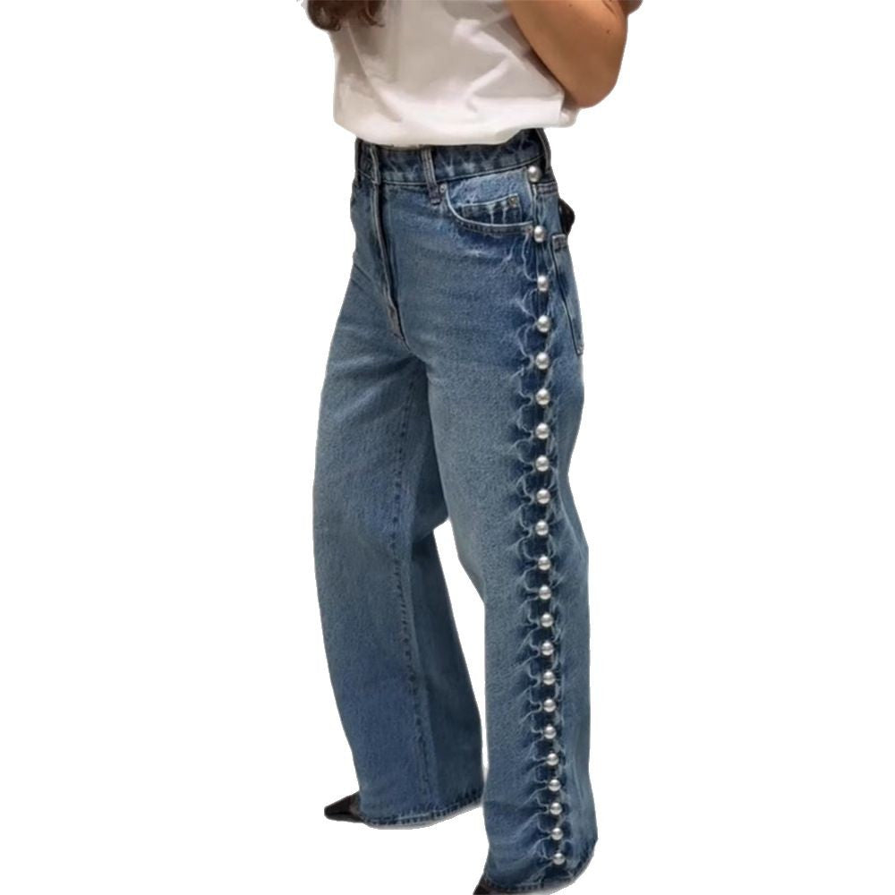 Jeans en jean bleu foncé rétro pour femme avec détails décoratifs de perles rondes sur les côtés