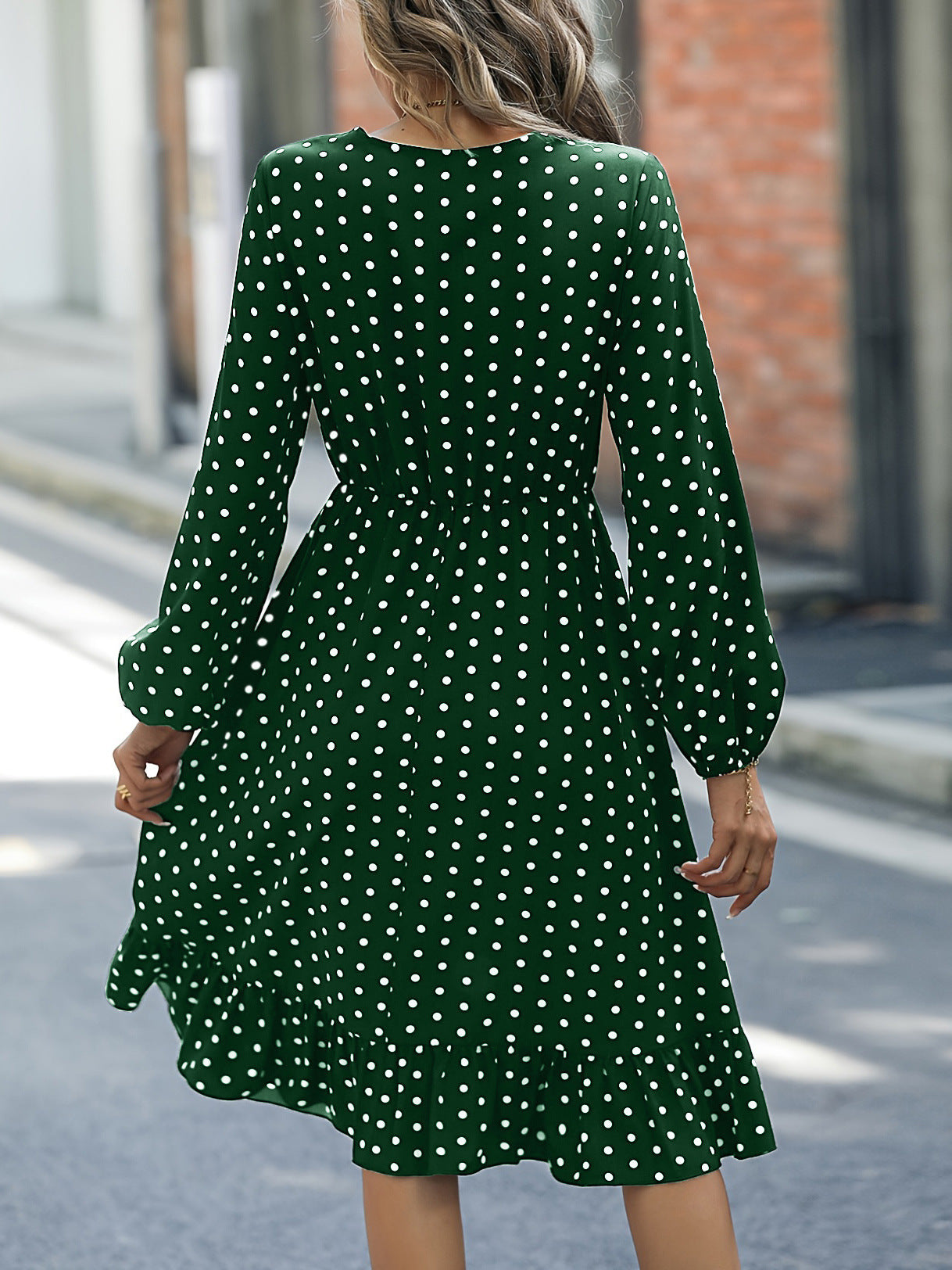 European & American Waist Slimming Polka Dot Long Sleeve Dress