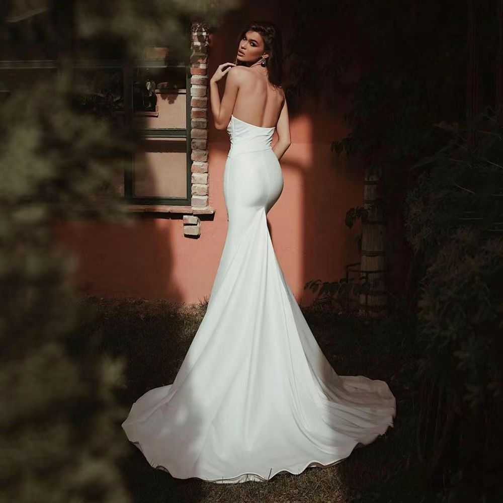 Women's White Satin Tube Top Fishtail Gown