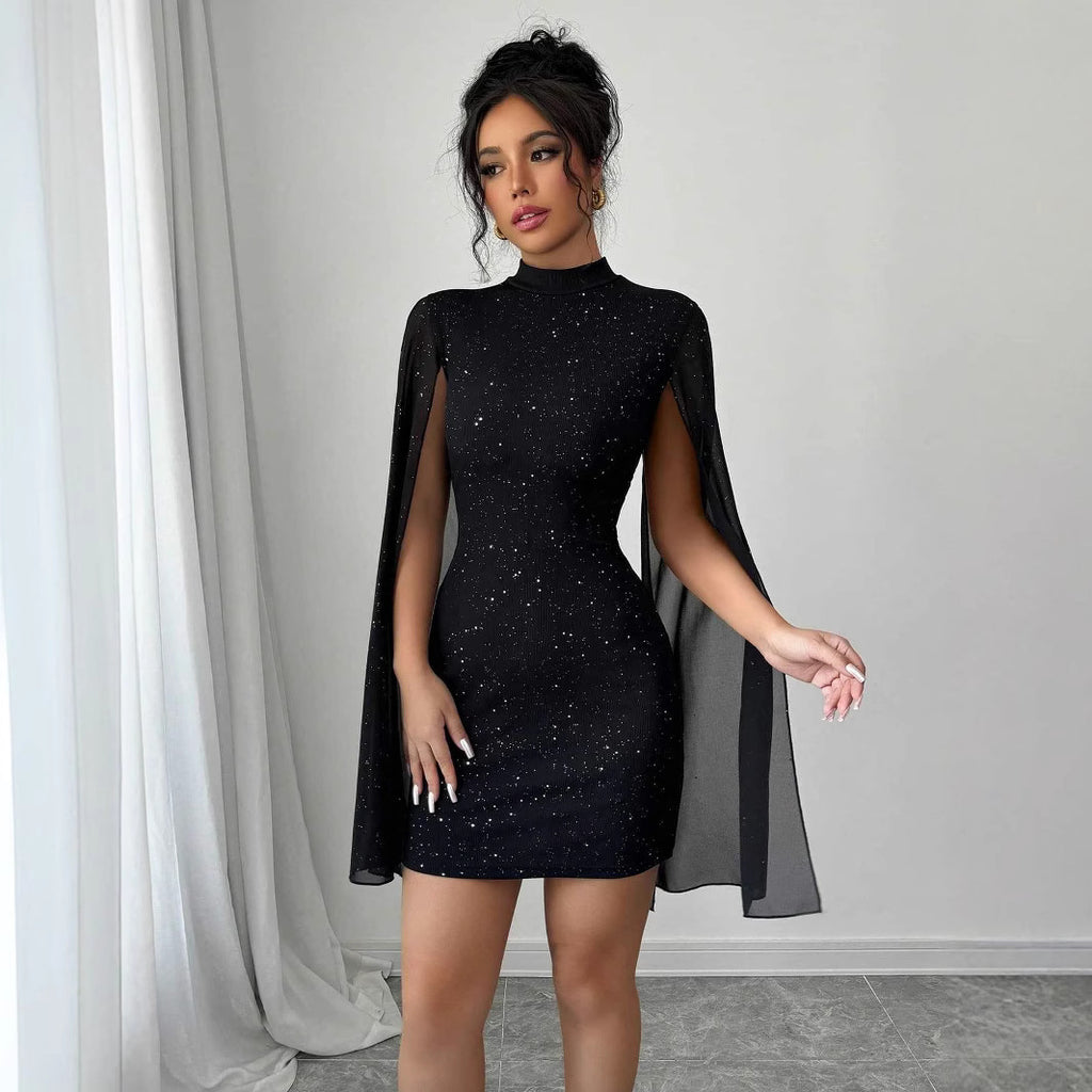 Robe Courte de Soirée Élégante pour Femme Col Rond Perle Mousseline Manche Cape Hanche Enveloppée