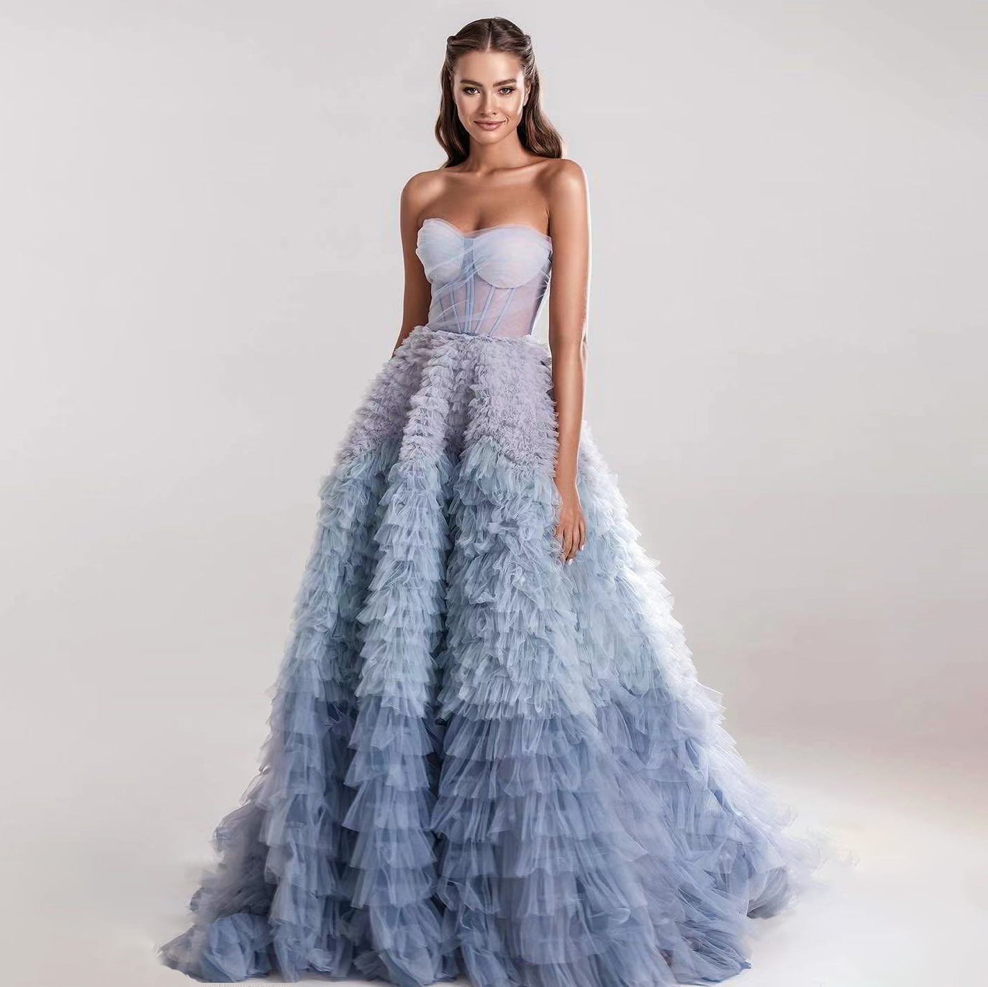 Light Blue Sleeveless Off-Neck Mesh Gradient Tube Dress