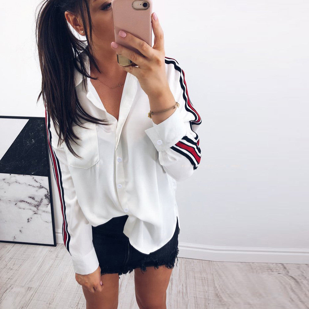 Women’s Casual White Stripe Long Sleeve Button Blouse