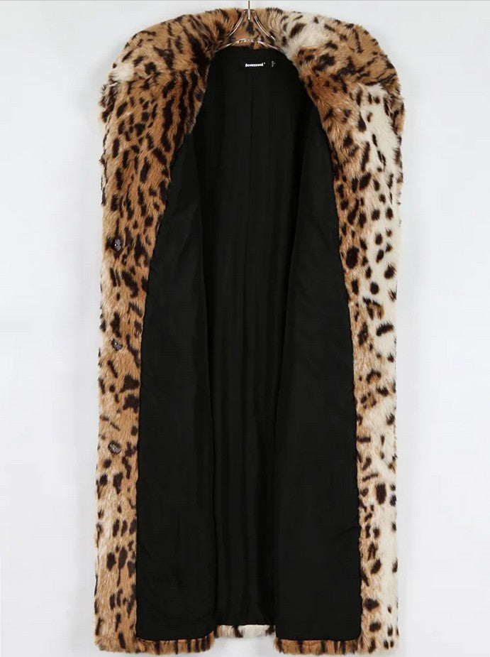 European & American Leopard Print Faux Fur Coat with Extended Wool