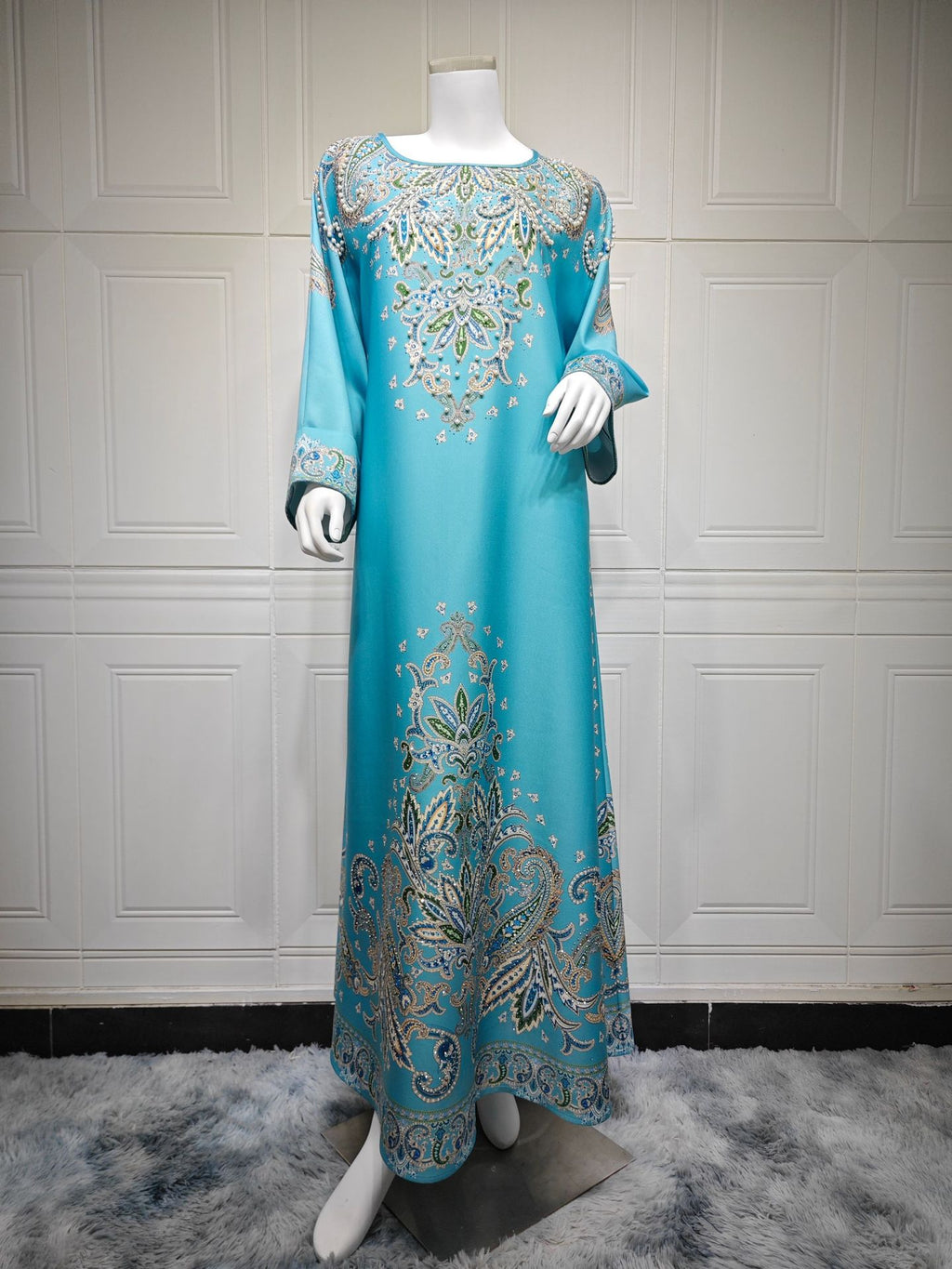 Dubai Printed Muslim Women's Long Sleeve Dress Polyester