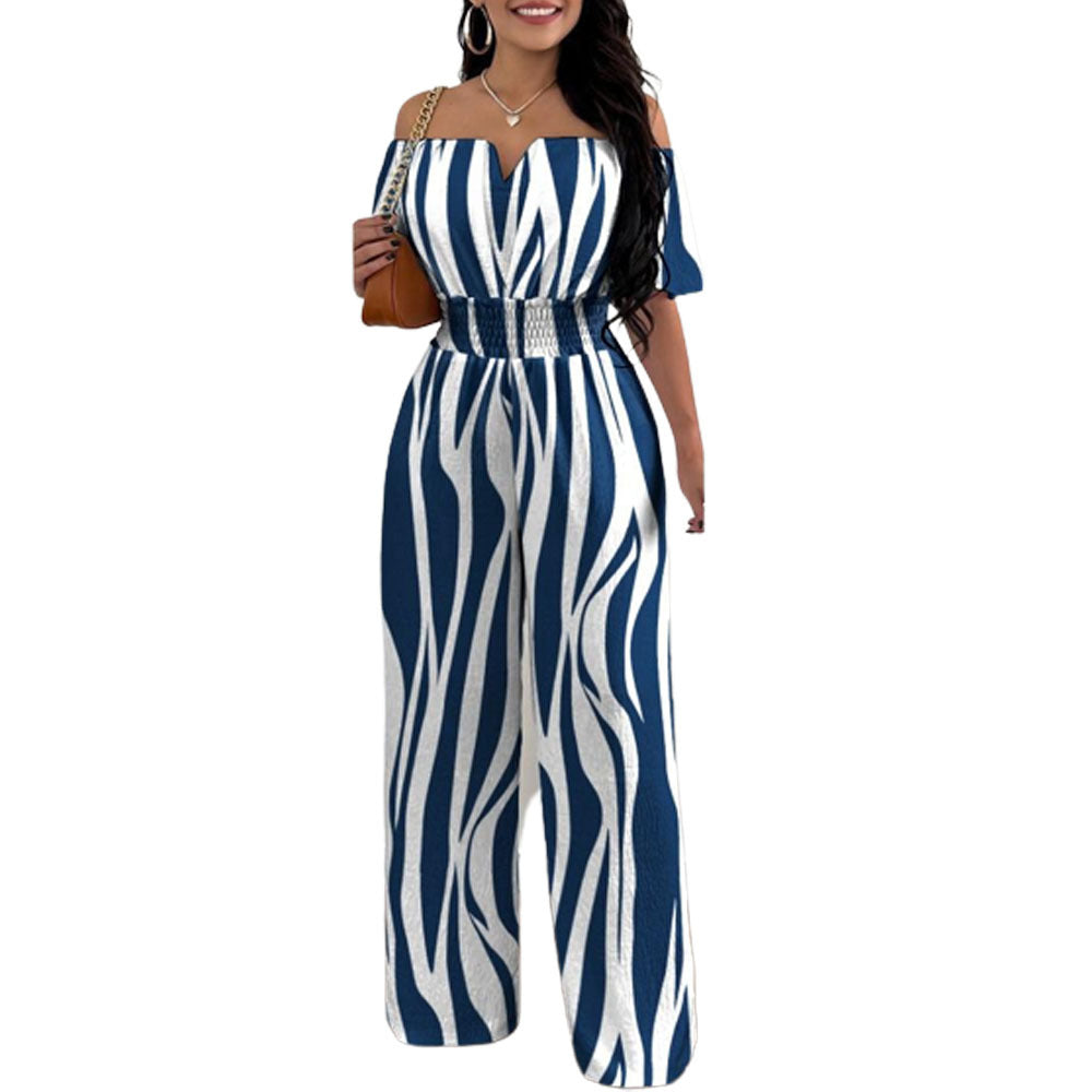 Women's Off-Neck Waist-Trimmed Loose Straight Jumpsuit