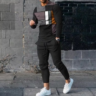 Men's Ethnic Style Printed Long Sleeve Trousers Suit Cotton Blend