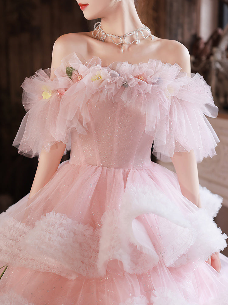 Women's One Shoulder High-End Banquet Flower Dress, Short Sleeve, Long Skirt