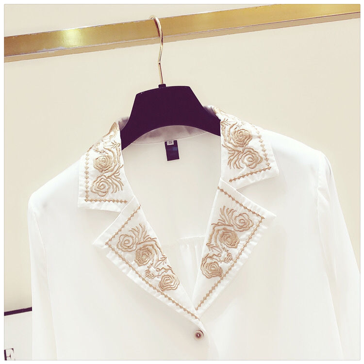 Western Style Embroidery Chiffon Long-sleeved Shirt Women's V-neck All-match Blouse