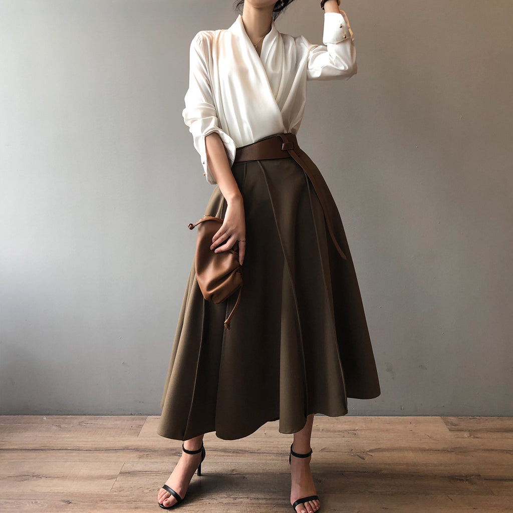 Women's Elegant White Satin V-Neck Long Sleeve Shirt