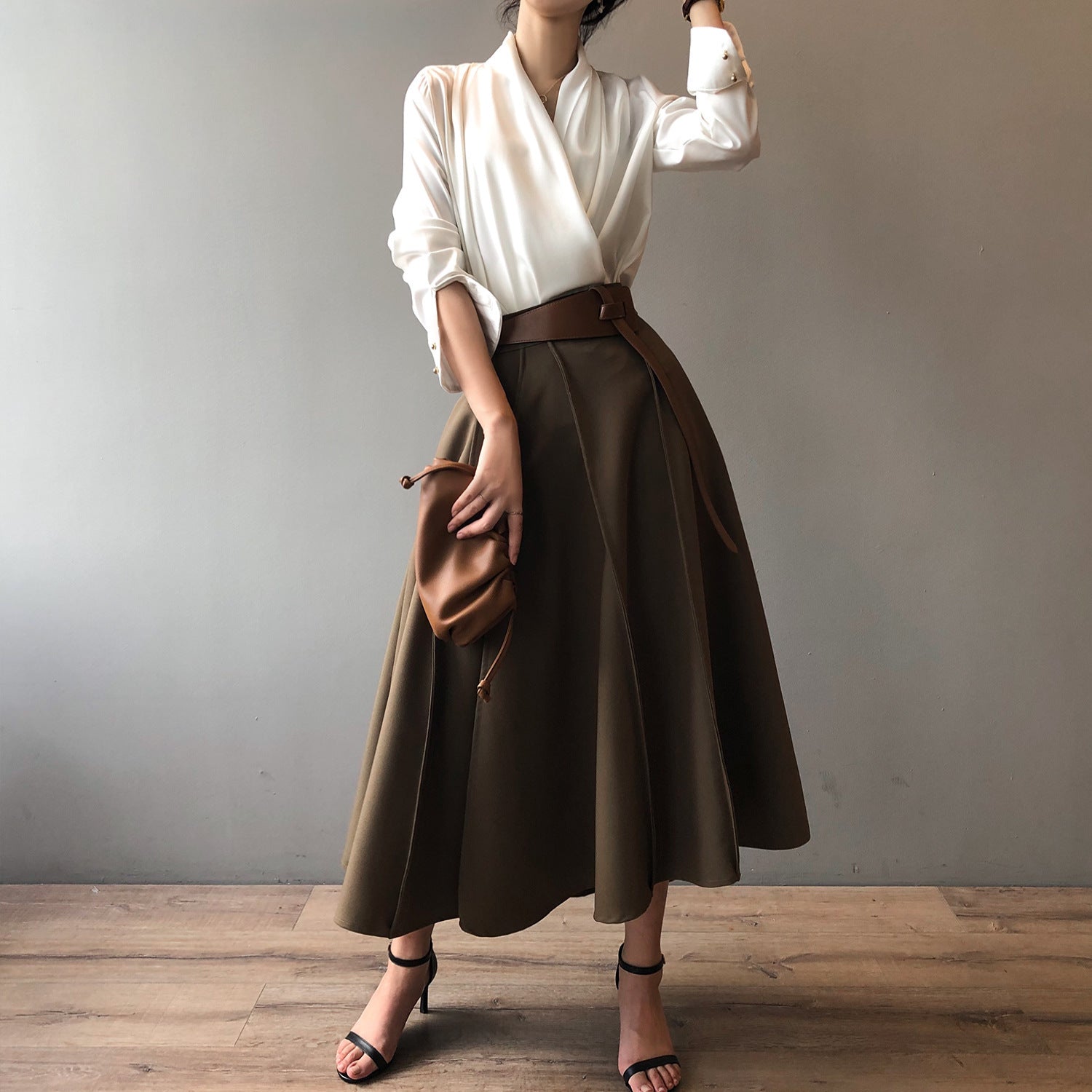 Women's Elegant White Satin V-Neck Long Sleeve Shirt