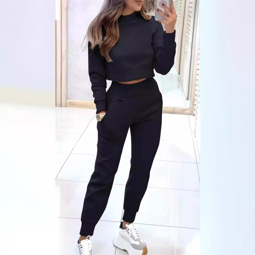 Stand Collar Pullover Long-Sleeve Top & Slim Trousers Set with Pockets