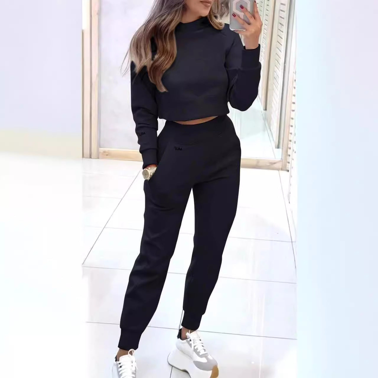 Stand Collar Suit Fashion Pullover Long-sleeves Short Top And Slim Trousers With Pockets