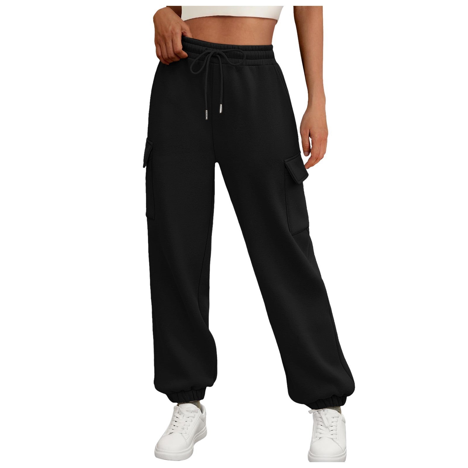 High Waist Casual Straight-Leg Pants with Side Pockets and Elastic Waistband