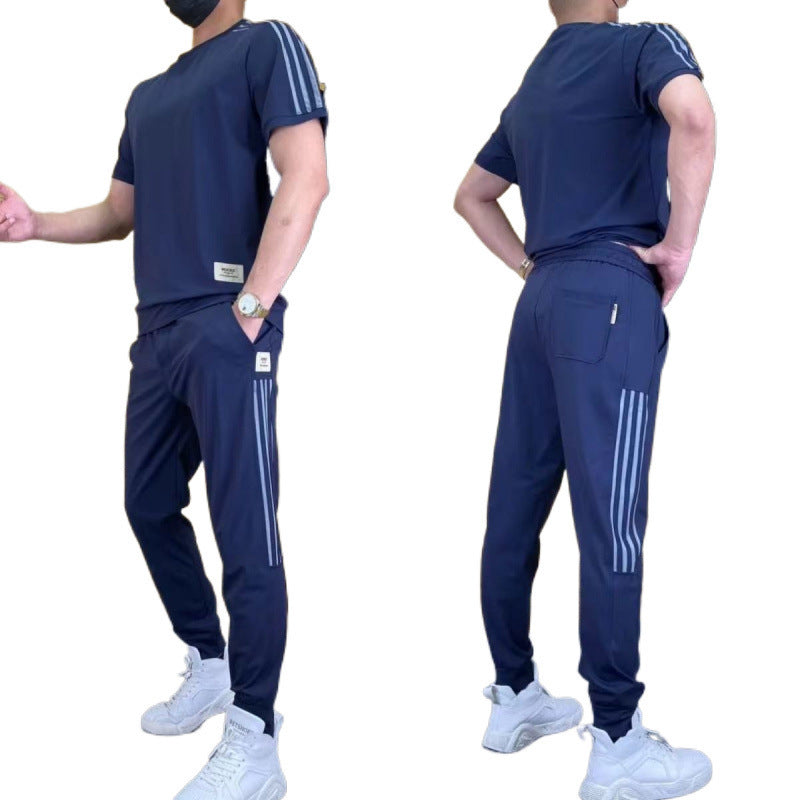 Men's Loose High-Elastic Ice Silk Leisure Suit in Blue, Black, Gray