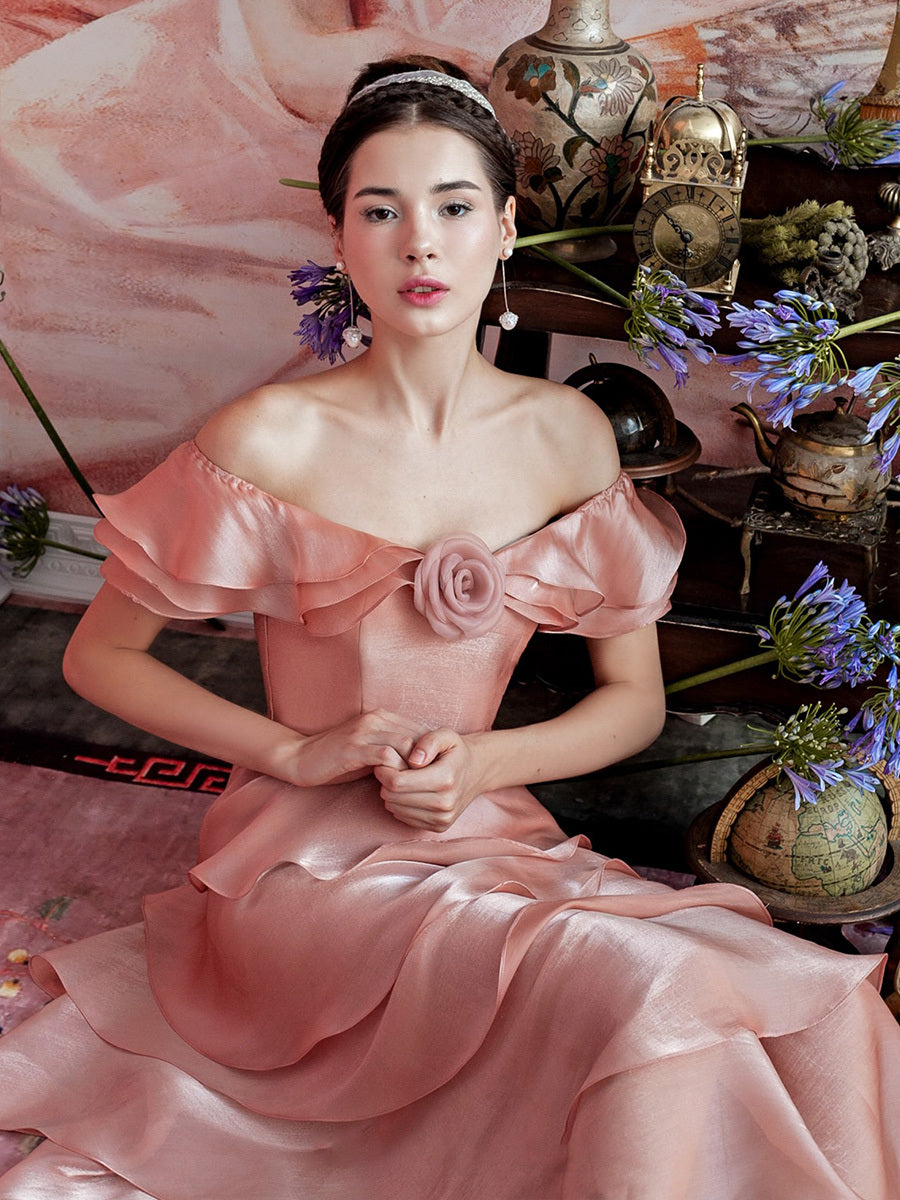 Robe de princesse rose asymétrique à volants pour femme
