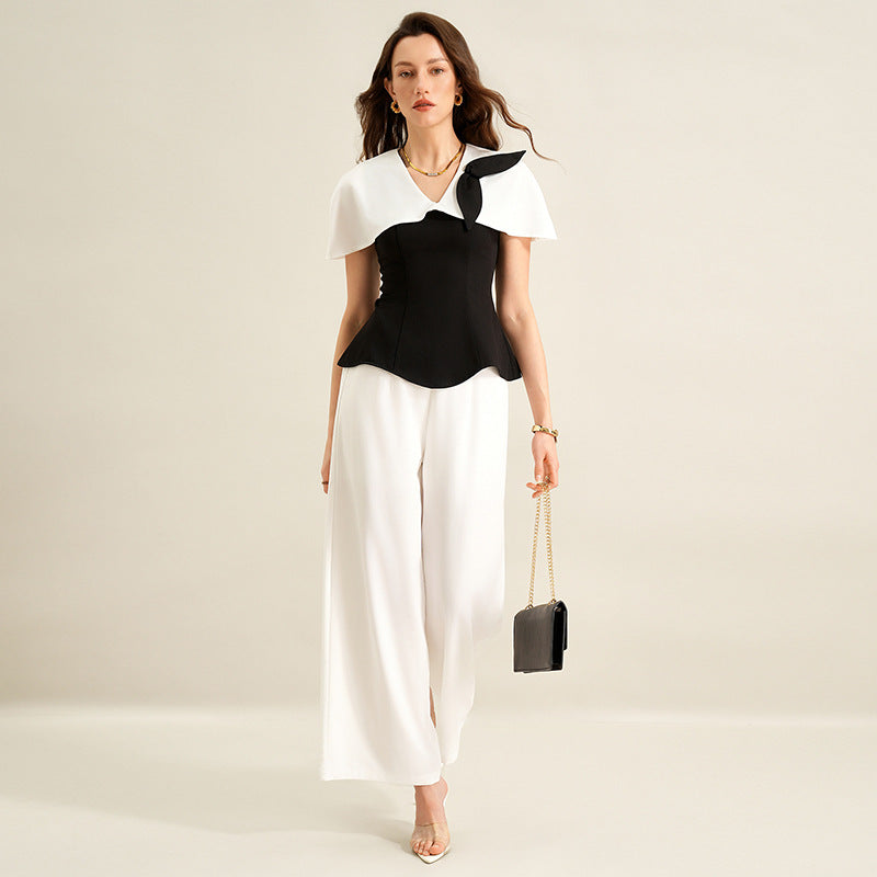 Elegant Black and White Color-Block Shirt Set for Commuters