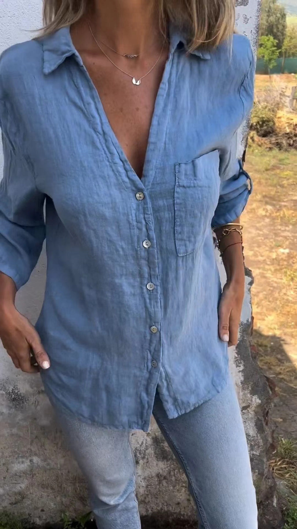 Chemise unie en polyester pour femme, coloris gris et bleu