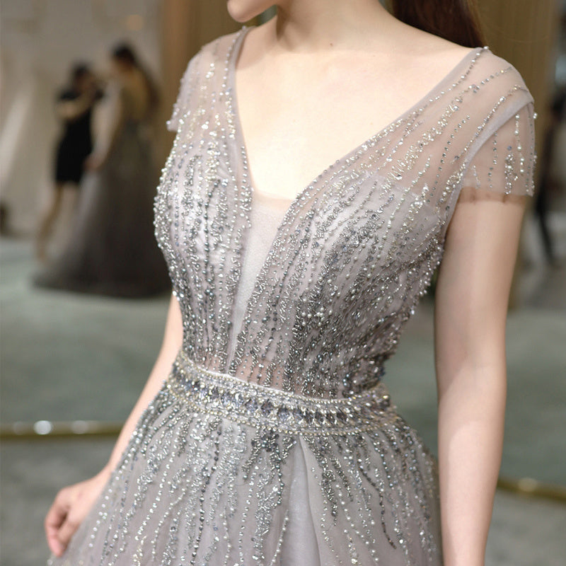 Women's Noble Slim Mesh High-End Evening Dress in Gray Champagne Gold