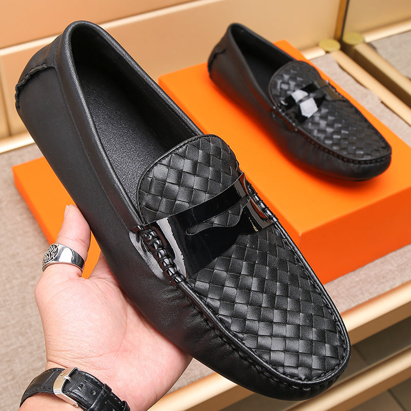 Large Black Gommino Men's Casual Cowhide Shoes Flat Heel