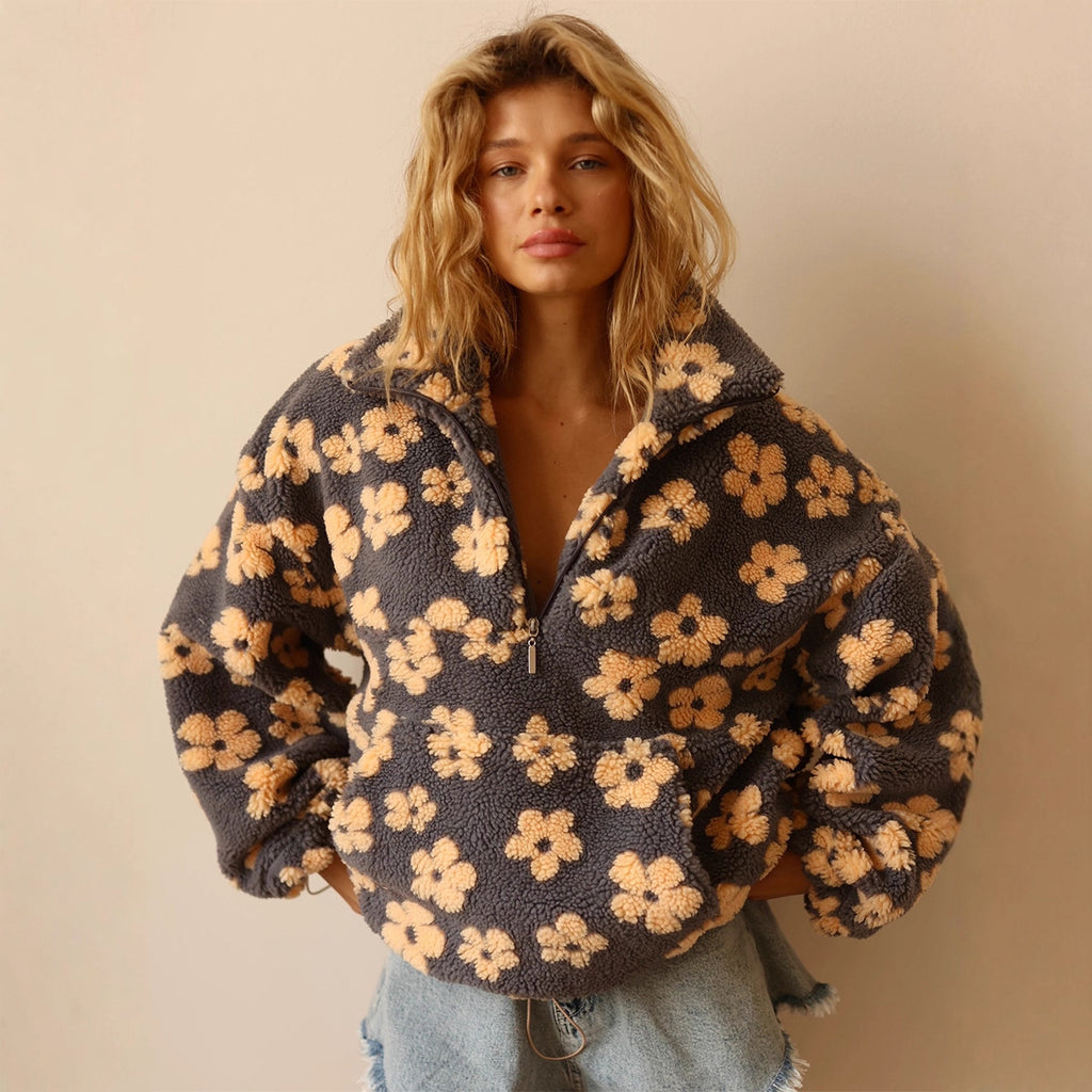 Sweat-shirt pull en agneau avec fermeture éclair et grande poche motif fleurs d'hiver