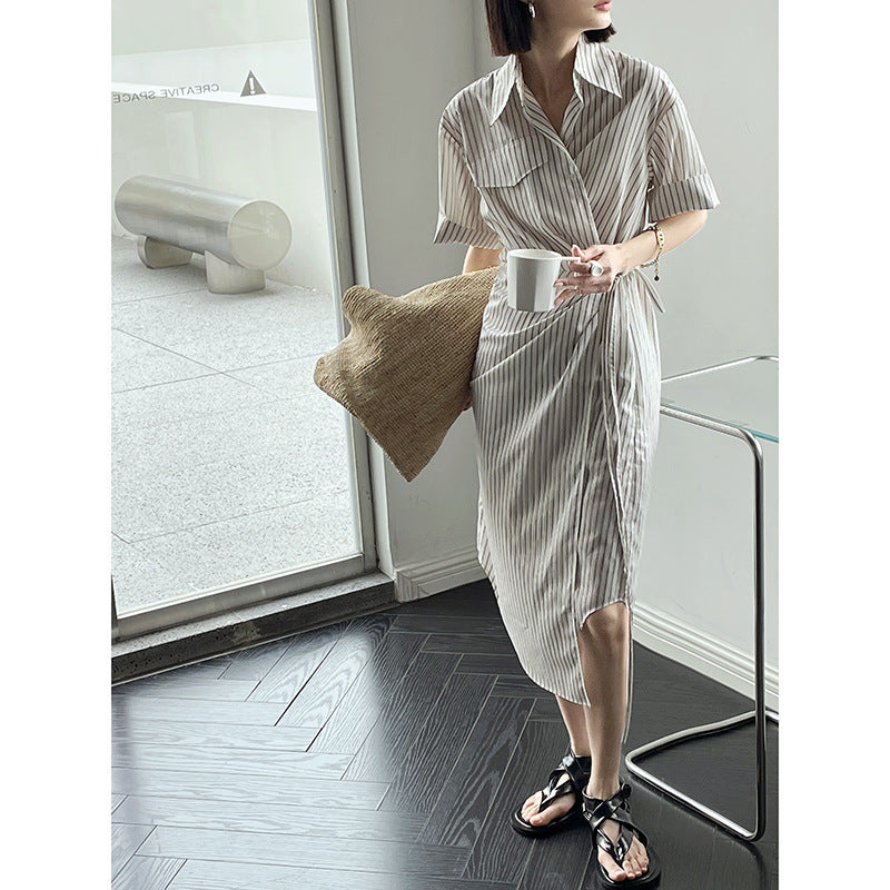 Women's Irregular Tie Side Slit Short Sleeve Lapel Cotton Shirt Dress