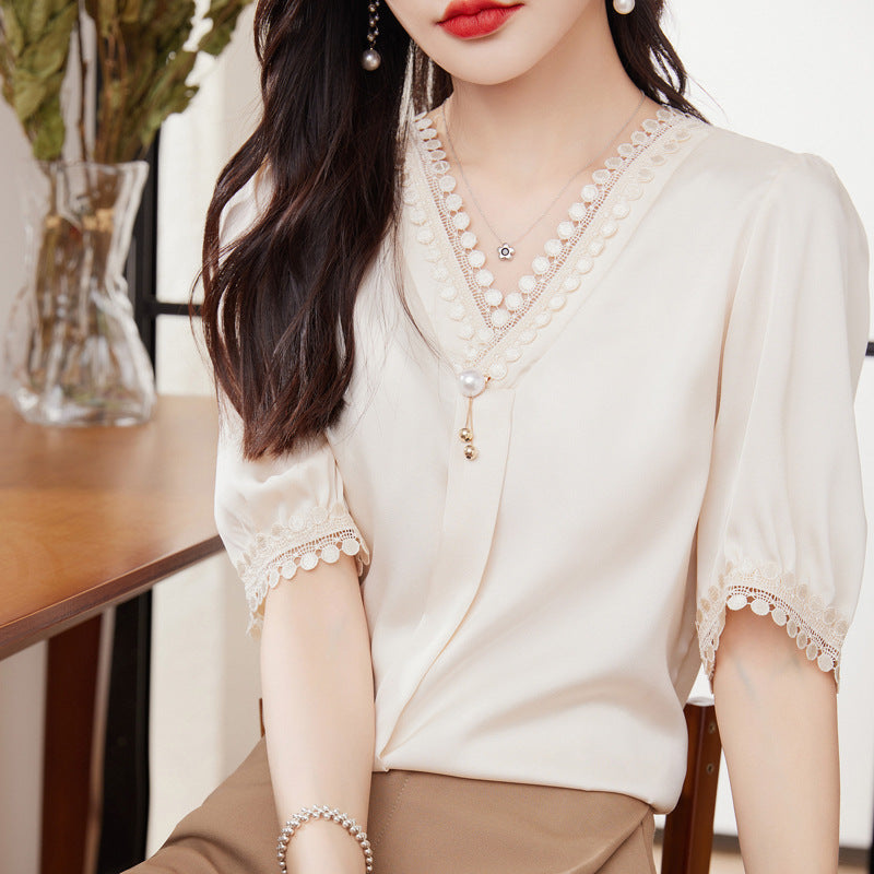 Haut pull en mousseline de soie à col en V avec perles pour femme