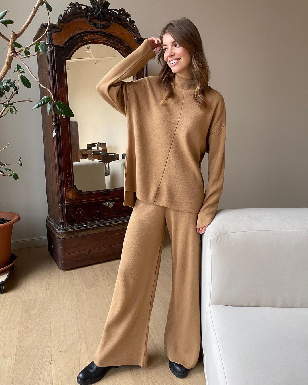 Long Sleeve Loose Casual Sweater Knit Top Trousers Set