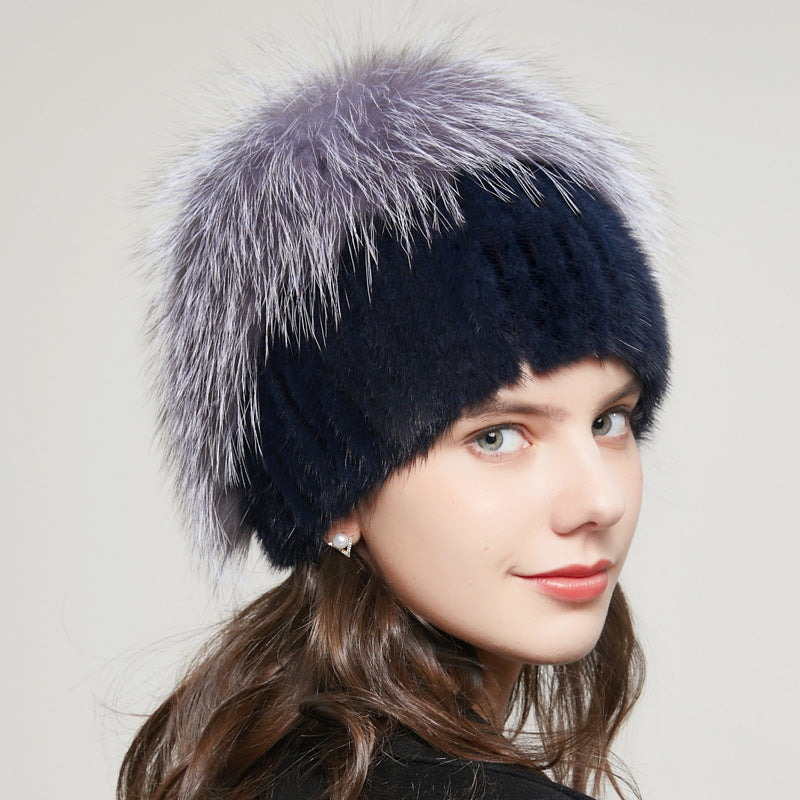 Bonnet d'hiver chaud en fourrure de renard avec strass et tricot extensible pour femme