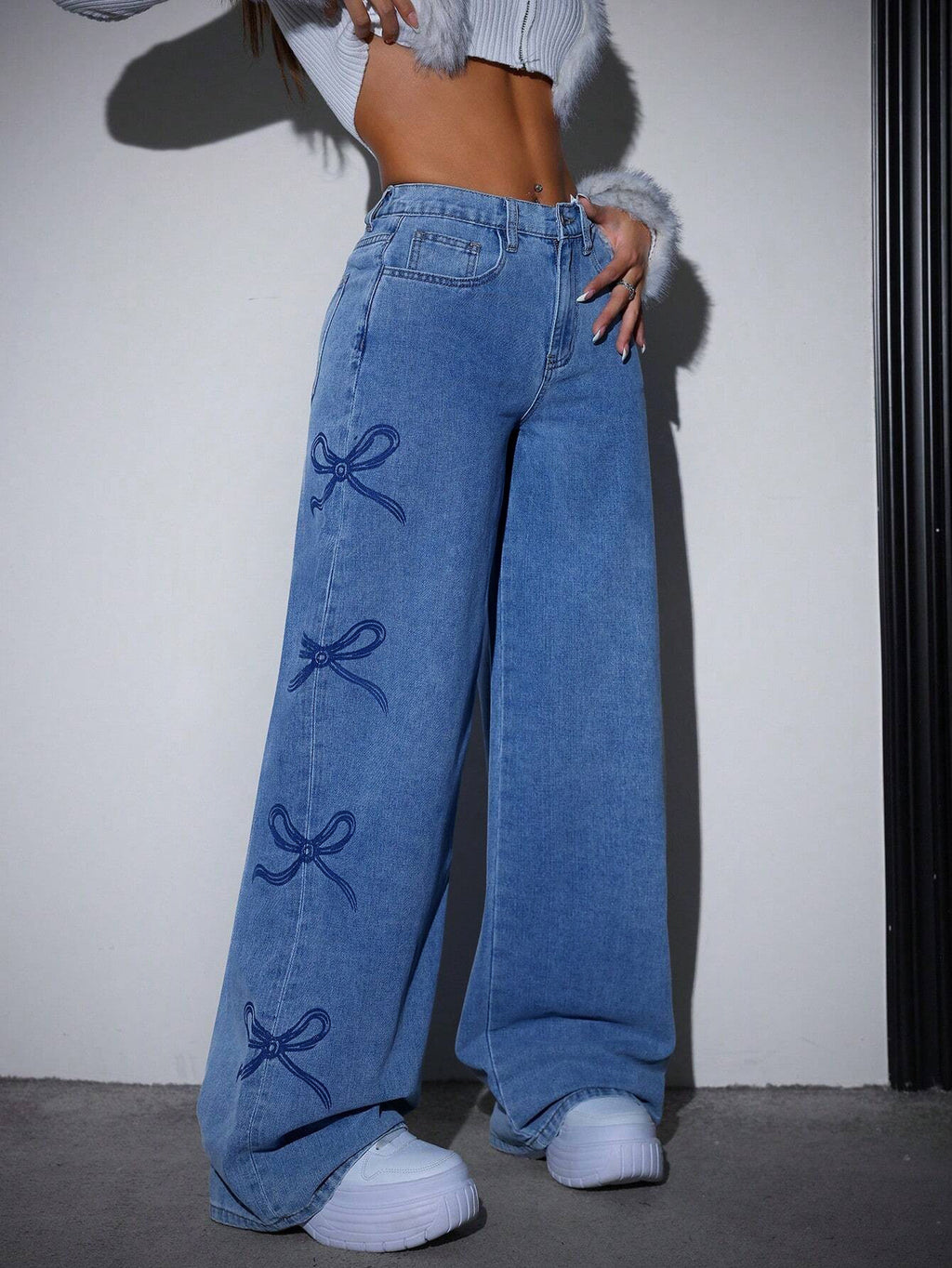 High-Waisted Printed Straight-Leg Wide-Leg Denim Jeans