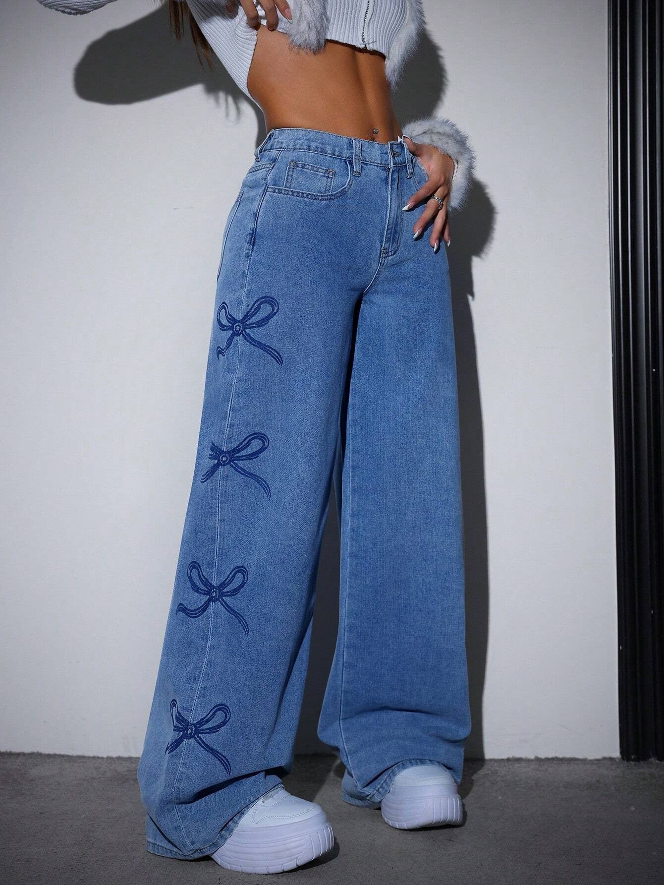 High-Waisted Printed Straight-Leg Wide-Leg Denim Jeans