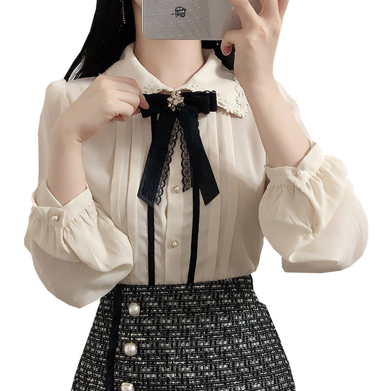 Embroidered Bowknot Long-sleeved  Blouse Female Design Princess Style Chiffon Shirt
