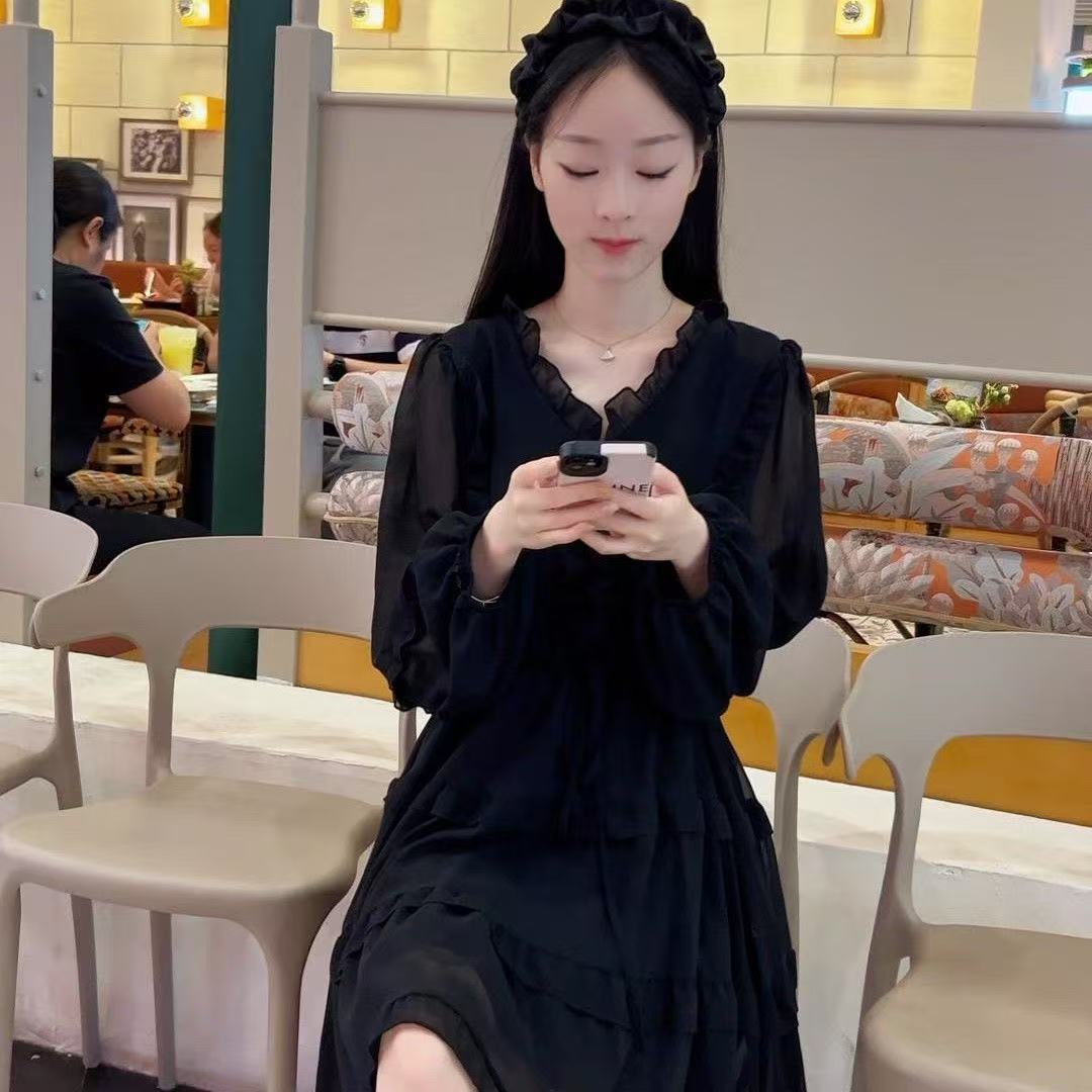 Solid Color Versatile French Black Dress Summer Women