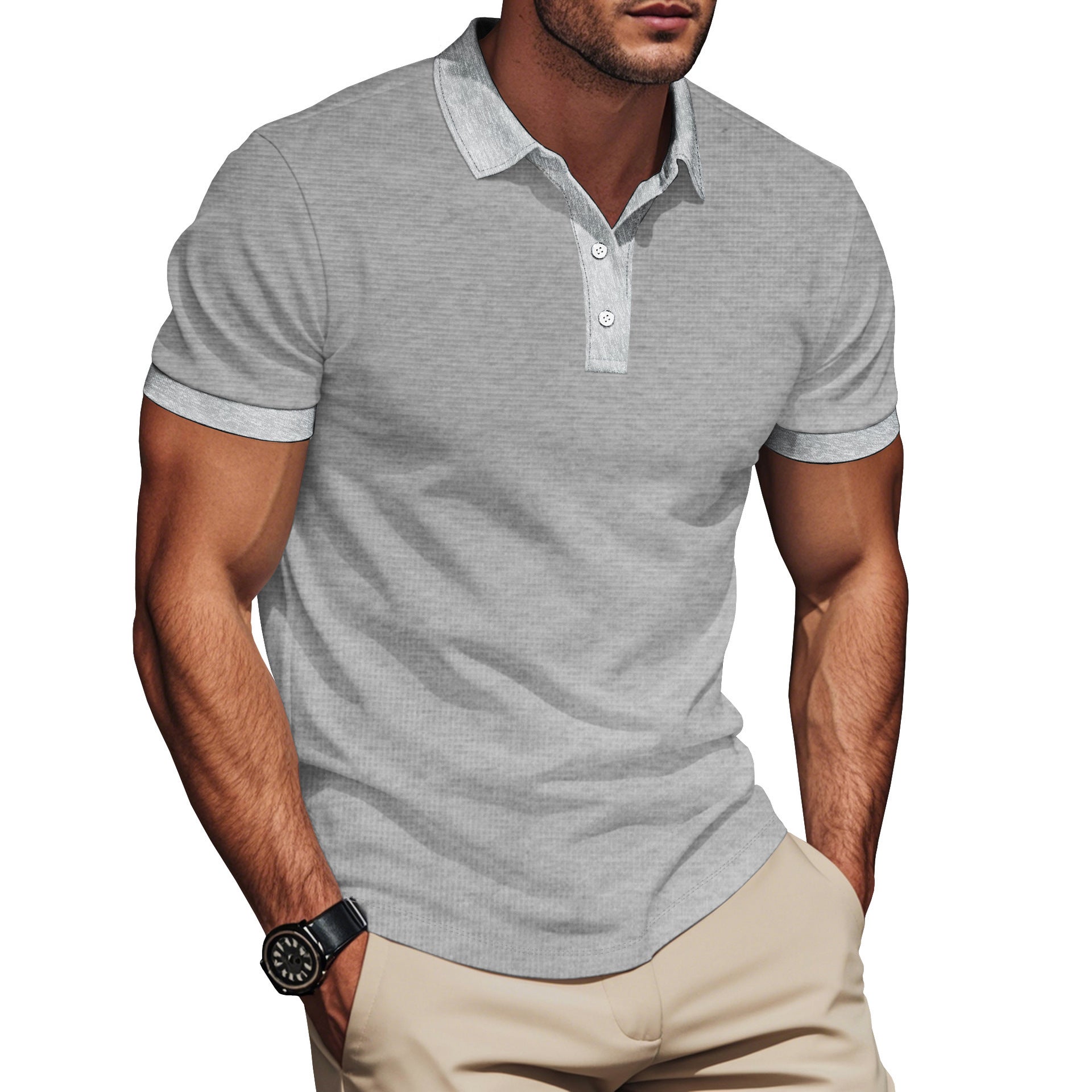 Plus Size Men’s Short Sleeve Pullover with Lapel Color Match